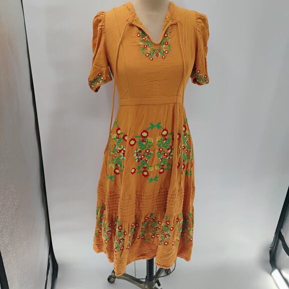 Ollari maxi Dress Yellow/Orange linen from Anthropologie Mexican pattern boho - Picture 6 of 15